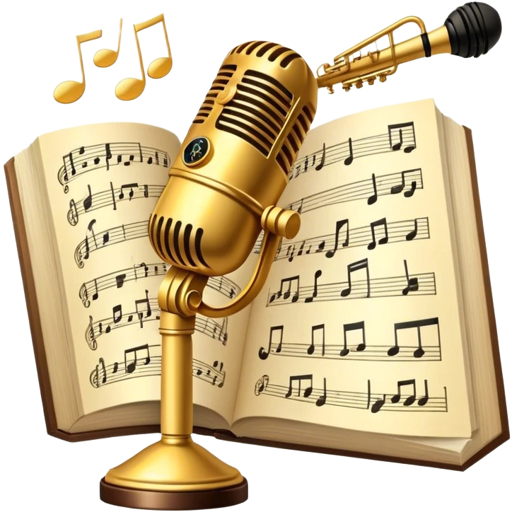 Create an elegant and refined emoji that represents classical or academic vocal performance. The design should feature a microphone, sheet music with musical notes, and a treble clef to symbolize the vocal artistry and music theory behind academic singing. Add subtle elements like a vocal warm-up chart or a grand piano to reflect the classical training. Use classic colors like gold, silver, and deep blue to emphasize sophistication and professionalism. The background should be transparent. emoji