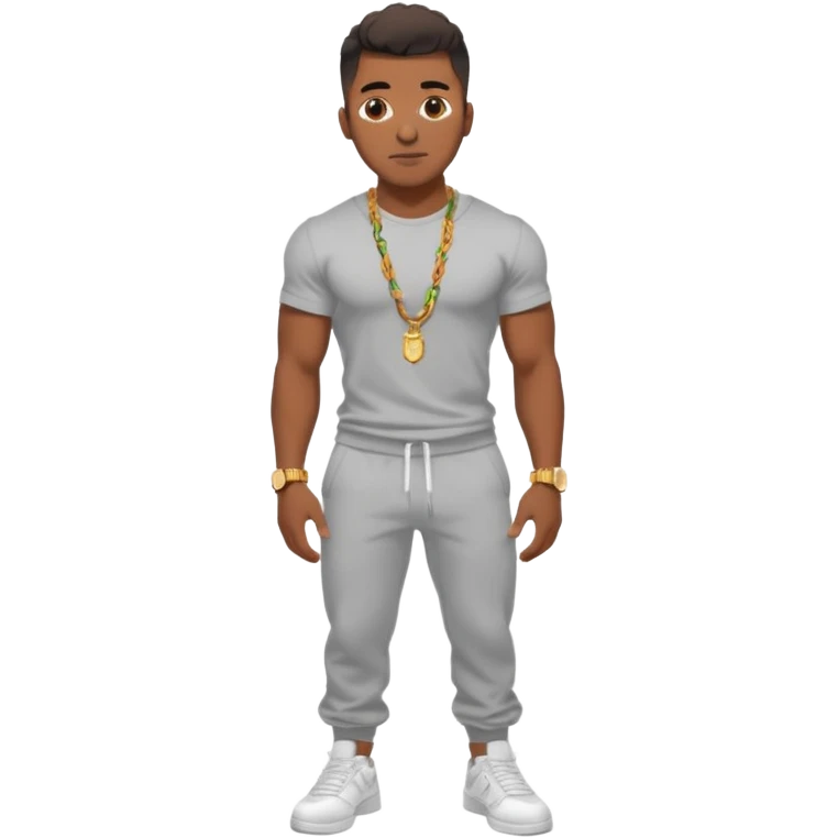 Handsome Black guy with brown skin tone, with muscular build, wearing gray sweatpants, a white t-shirt, white Air Force Ones sneakers, a small gold rope chain, and a gold watch  emoji