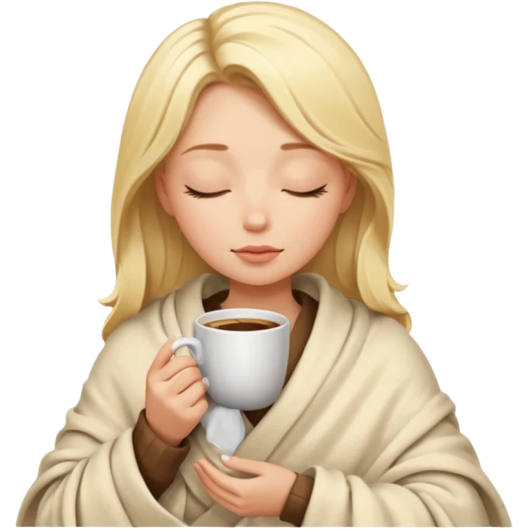 Blonde girl inside a blanket sipping coffee eyes closed emoji