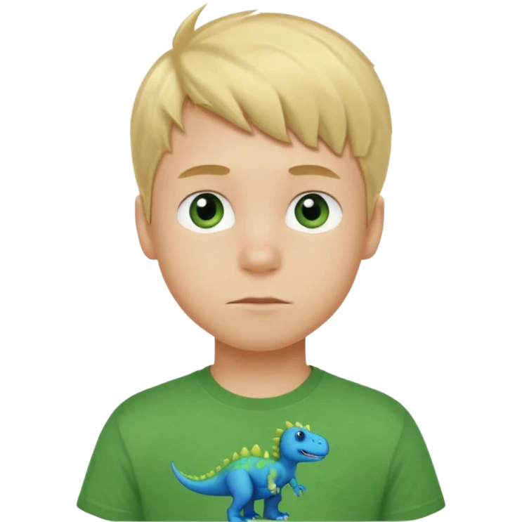A blond boy with blue eyes wearing a green dinosaur T-shirt emoji