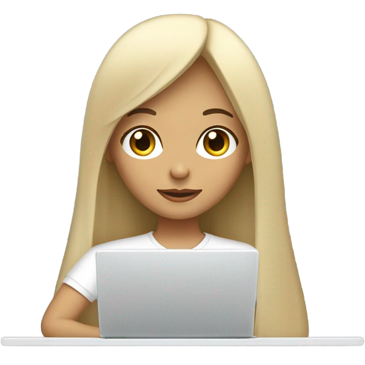 a girl with long dark straight hair and bangs, with fair, blond skin, working with a laptop (she is a marketer). wearing a white oversized t-shirt emoji