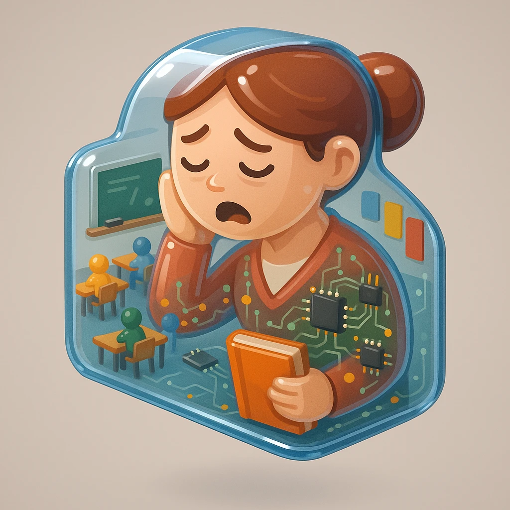 exhausted teacher in a bustling classroom emoji