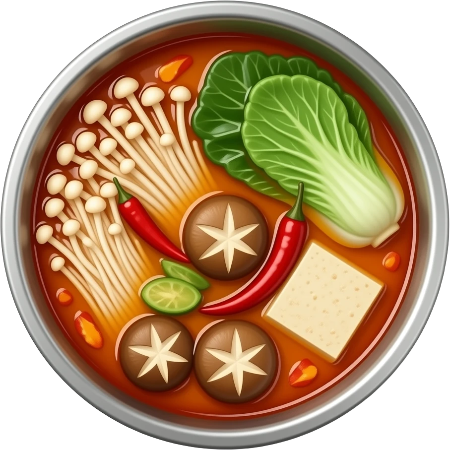 mala tang, spicy red chili oil soup, enoki mushrooms, napa cabbage, tofu, dried red peppers, glossy oil surface, metal bowl, top view, warm lighting, realistic food photography emoji