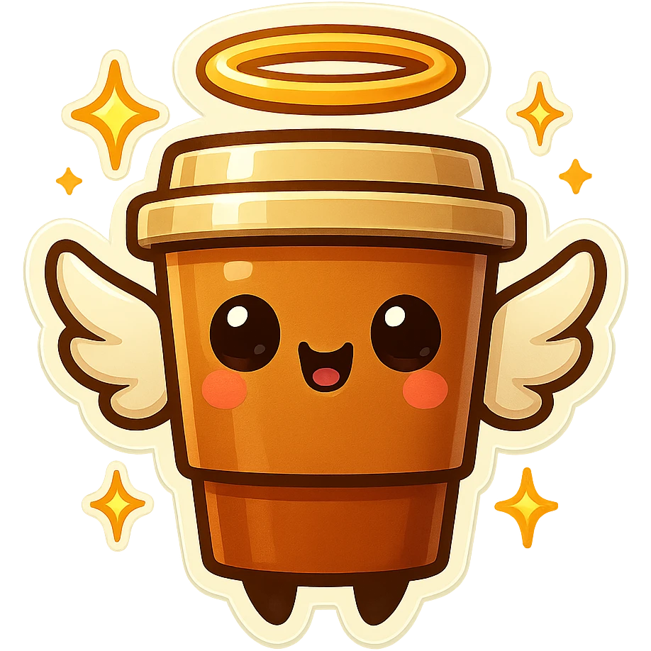 Tall coffee cup, shiney eyes, angel halo, wings, star sparkles emoji