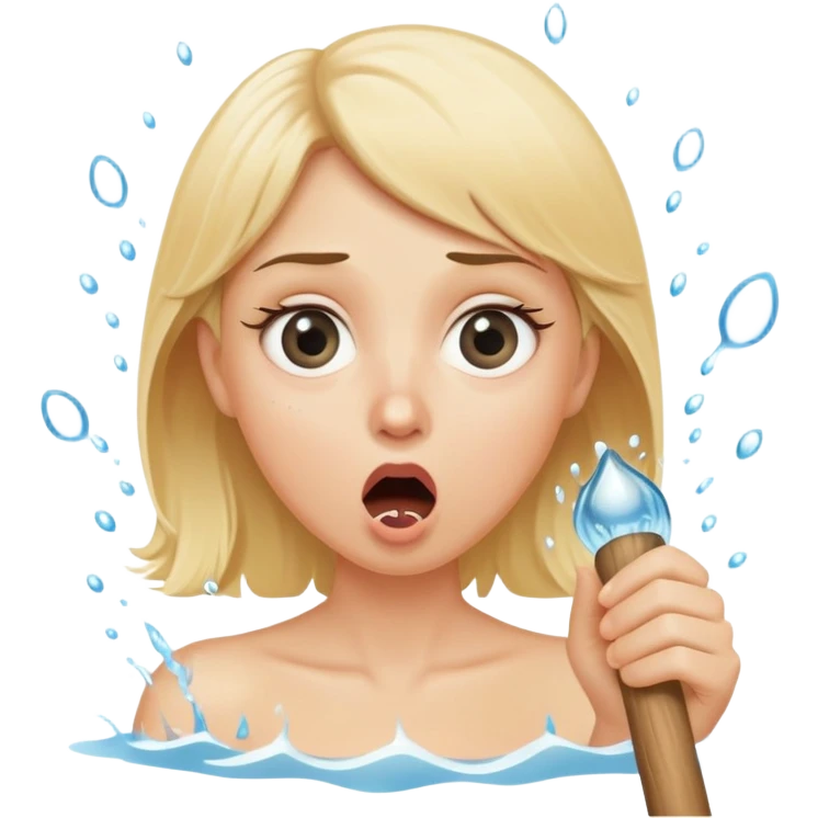 blond woman with wide eyes, holding a wide skin-colored stick with a D-shaped knob, the knob has skin texture, water squirting from the flat side of the knob into her mouth, shocked face emoji