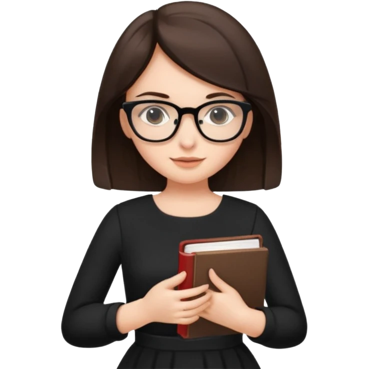 a cute brunette girl in a black dress wearing glasses  with two hands  emoji