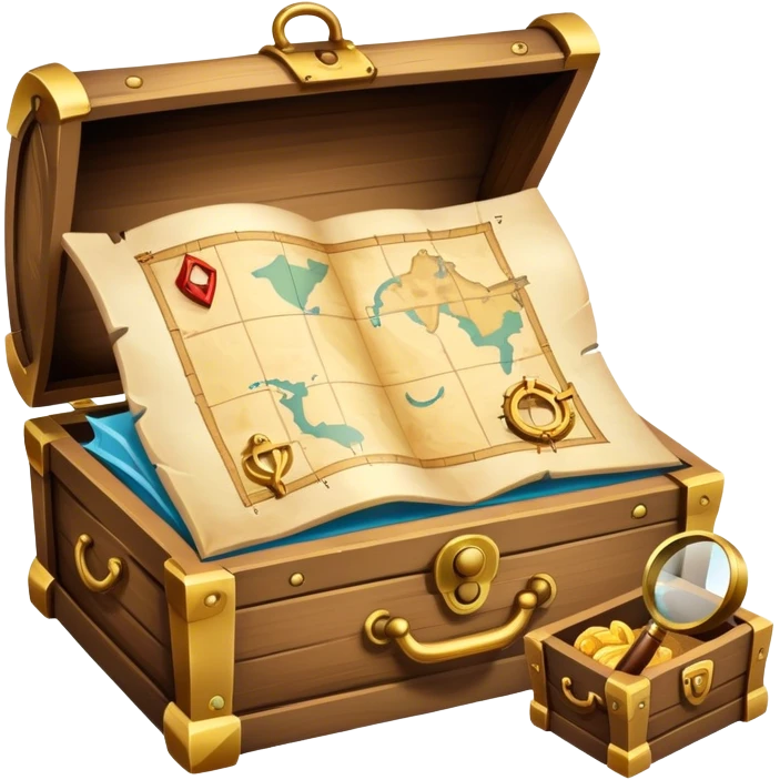 An icon depicting a treasure map with an open chest, surrounded by clues and mysterious symbols. A magnifying glass hovers over the map, symbolizing the thrill of discovery and adventure. Set on a transparent background, it should evoke the excitement of solving puzzles and exploring new worlds. emoji