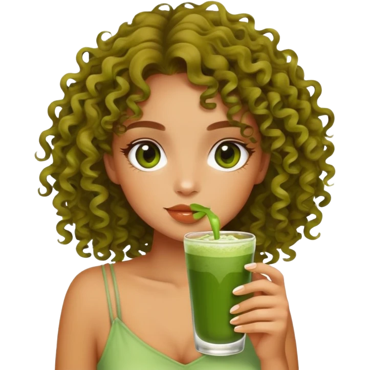 A beautiful curly bronzed girl drinking matcha emoji