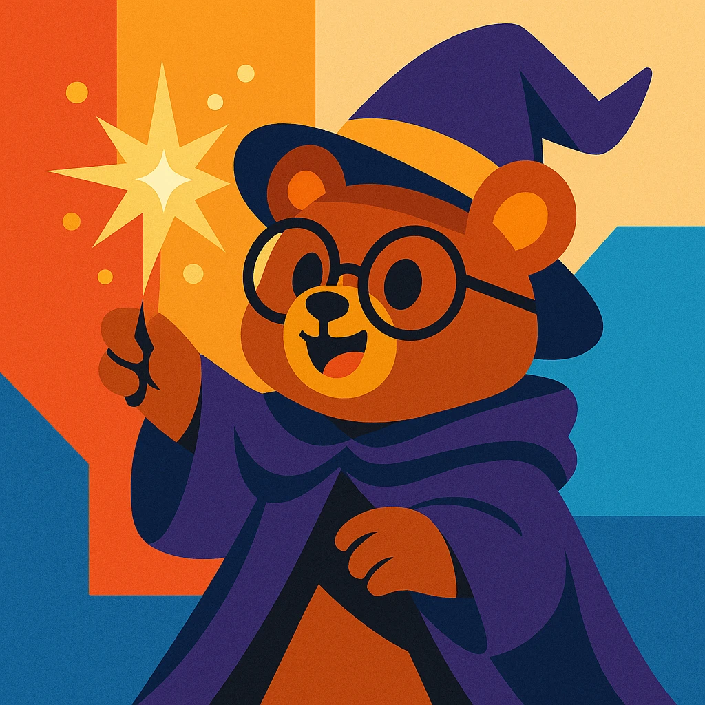 a cute bear witch hybrid, with glasses and a cloak, casting a spell, cartoon style emoji