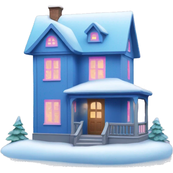 Blue house with pink windows and snow emoji