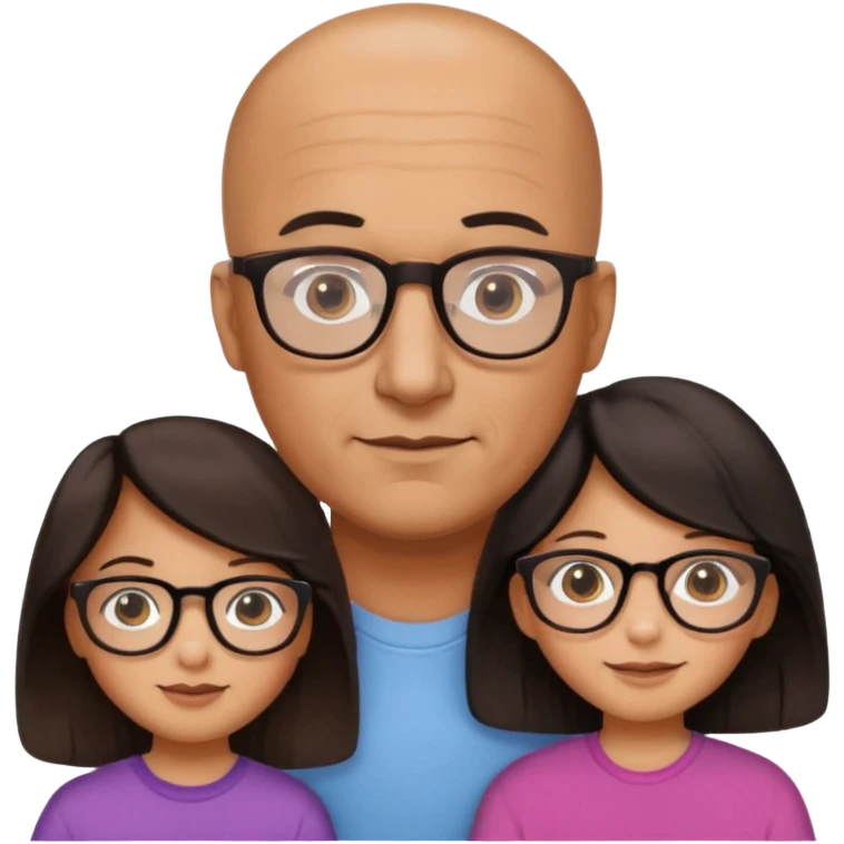 Papà calvo con occhiali, mamma capelli neri occhi marroni no occhiali, figlia capelli marroni mossi e occhiali tartarugati con montatura spessa occhi marroni, figlia capelli lisci marroni occhiali neri con montatura grande e fina occhi marroni  emoji