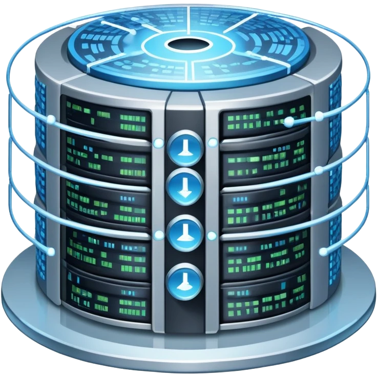 An icon featuring stacked server disks, a digital network grid, and binary code, symbolizing databases. The design includes data flow arrows, representing storage, organization, and retrieval of information. Transparent background highlights data-driven technologies. emoji