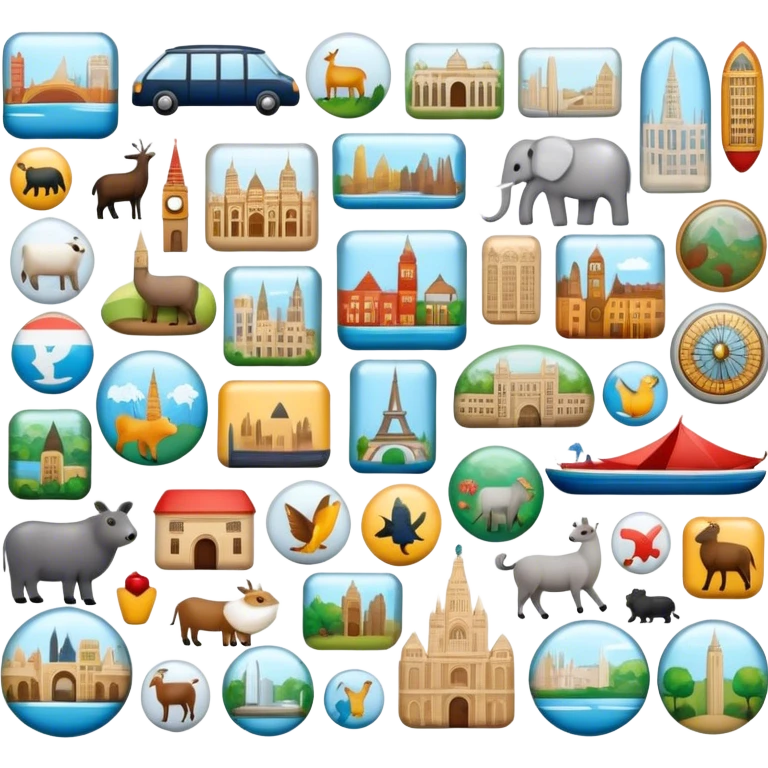 Icon for Magnet Collecting: a close-up of a fridge door covered with a variety of magnets, featuring cities, animals, symbols. The icon should highlight the diversity and charm of magnet collections. Transparent background. emoji