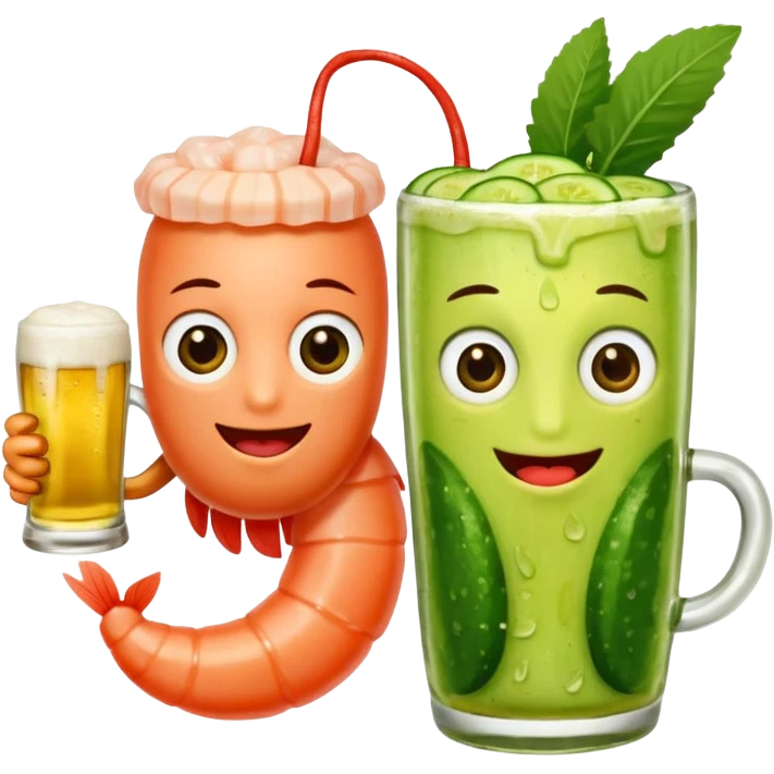 Create a modern emoji-style illustration of two shrimp characters, friendly and cool, slightly cartoon but stylish, not childish.
They are toasting (‘salud’), one shrimp holding a beer mug with aguachile topping, the other holding a fresh aguachile bowl with cucumber and chili.
  emoji