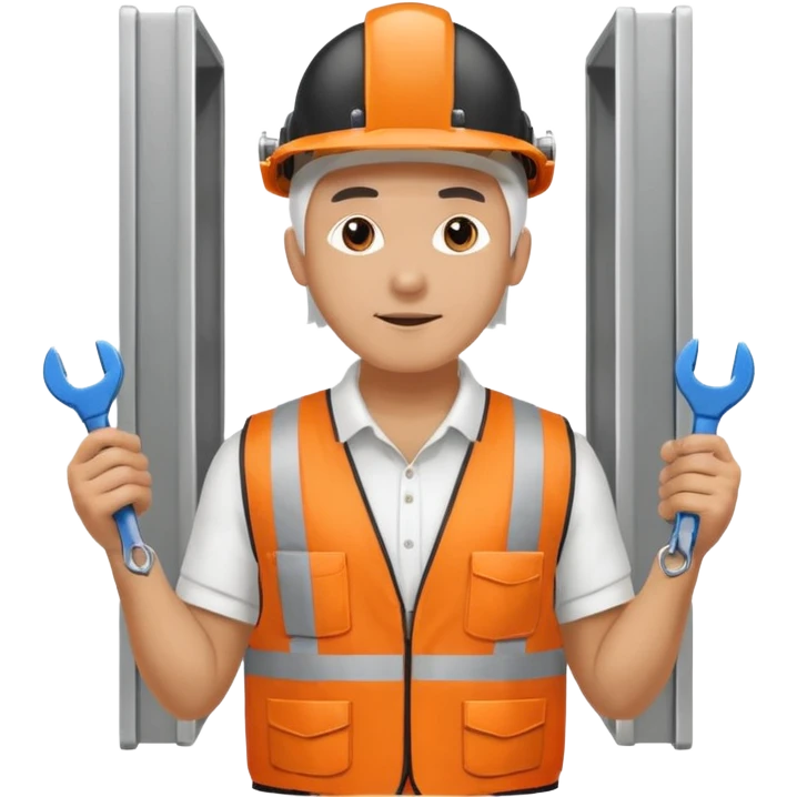 Guy with white head protection with ear noise canceller and orange vest With spanner. On his side carrying side panels for the white server racks emoji