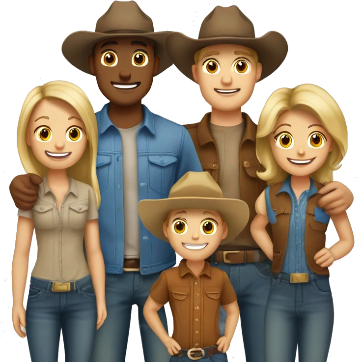 Family of five, all with cowgirl hats on, 2 blonde teenagers, 1 light brown haired mom, 1 little boy with brown hair and a brown hair dad emoji