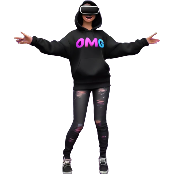 Russian girl wearing black hoody with violet letters "OMG", in vr headset oculus quest2. Dancing. Cyberpunk style. Violet neon. emoji