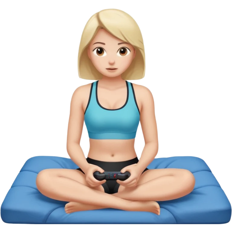 a naked girl sitting on her bed, in a sports bra, playing a video game emoji