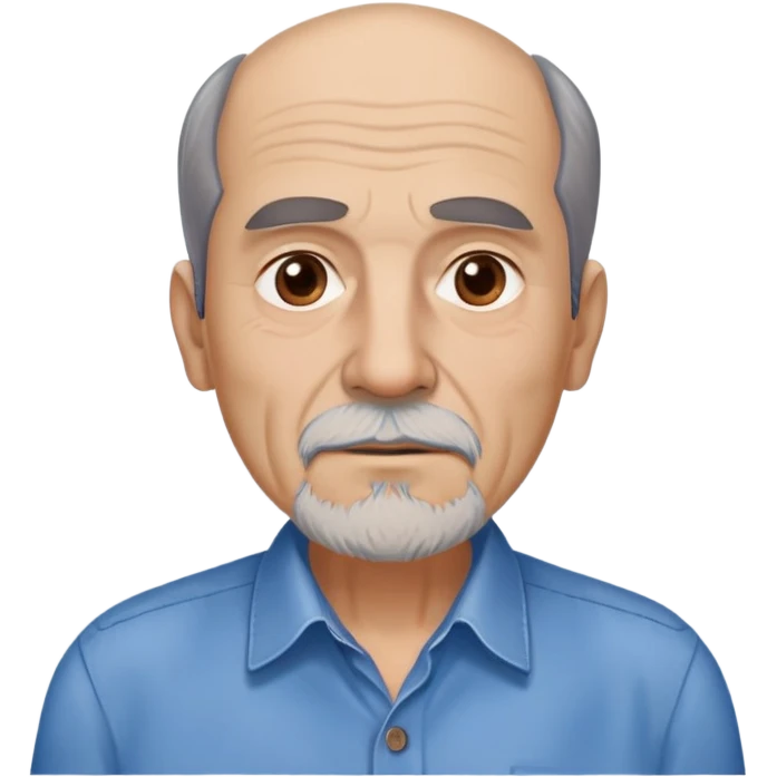 Older slim Hispanic man in his 60s with light skin. Thinner face with pronounced features. Expressive brown eyes, thick eyebrows showing age. Short brown hair with significant receding hairline. Scraggly brown beard with gray patches. Wearing a blue button-up shirt on his lean frame. emoji