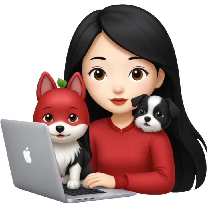 Asian girl with long black hair working on an Apple laptop, next to her is a small black and white dog with no collar on  emoji