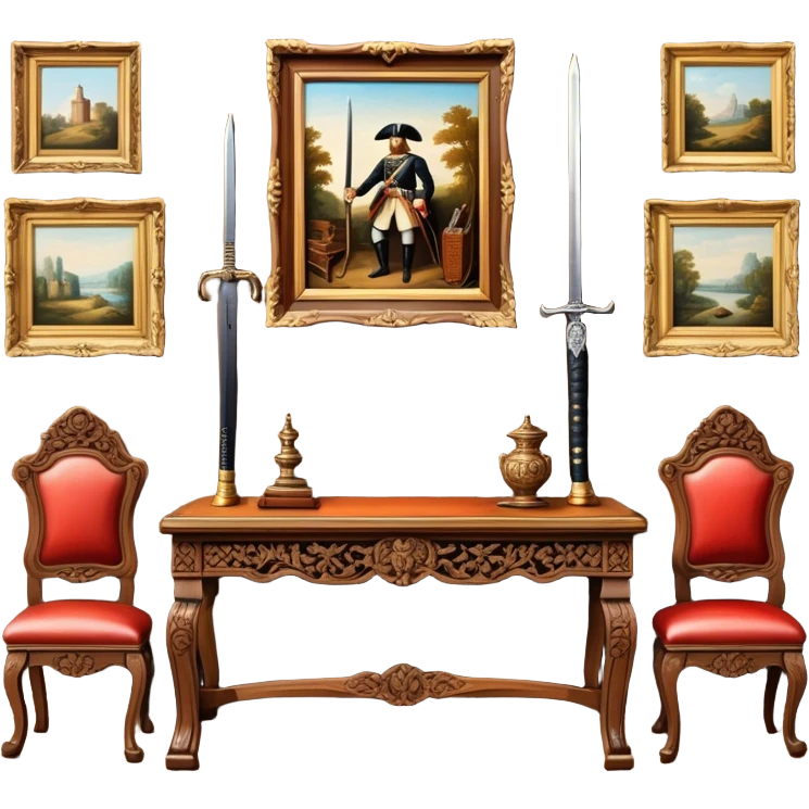 Icon for Antiques Collecting: vintage intricately carved furniture, famous paintings, antique swords, and rifles. The items are displayed on a wooden table or shelf. The icon should evoke the rich history and craftsmanship of antique collecting. Transparent background. emoji
