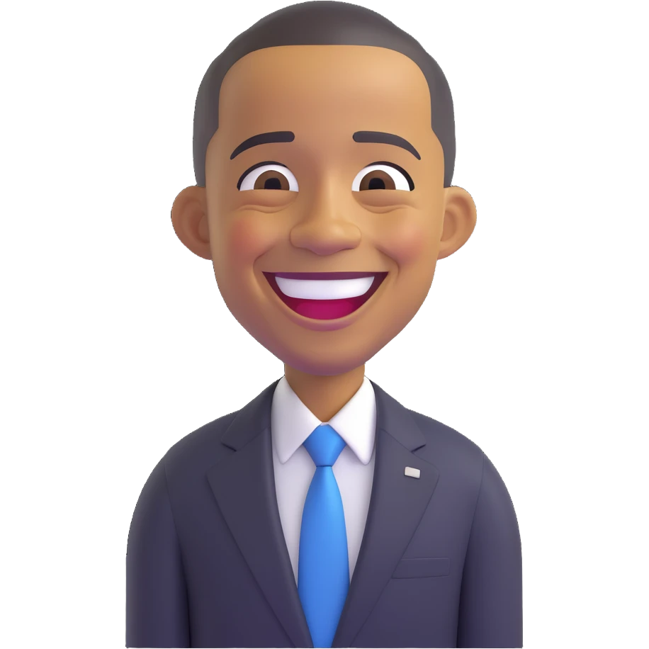 Barack Obama as an emoji, laughing, with expressive eyes and a suit emoji