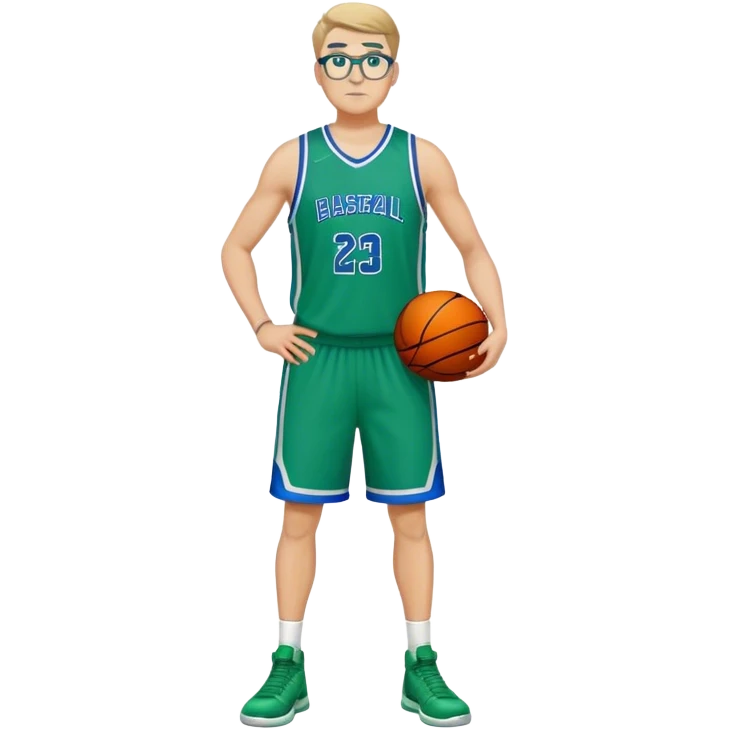 full body heavy tall white male basketball wearing glasses in blue an green uniform emoji