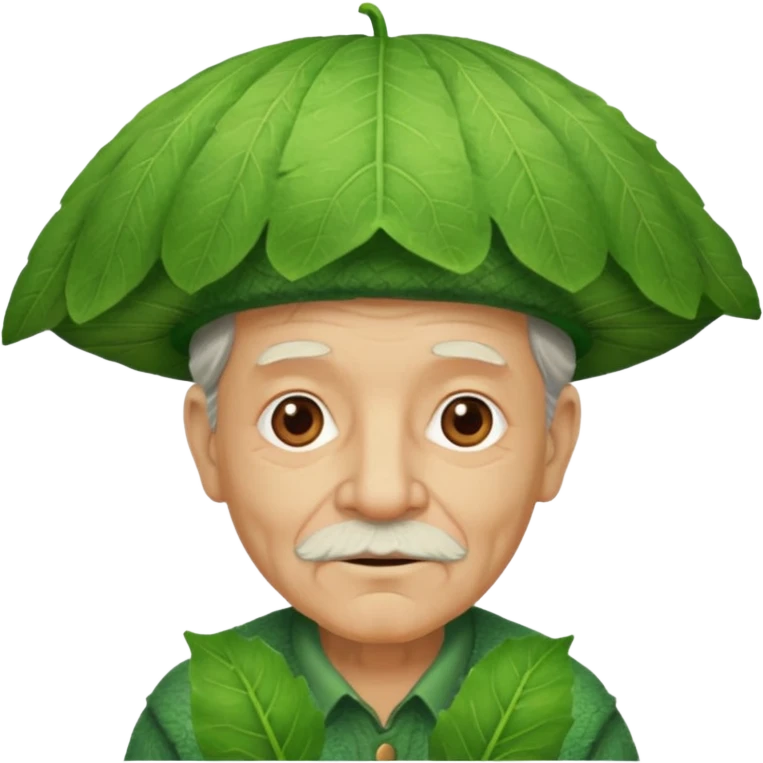 an old man wearing a large leaf hat emoji