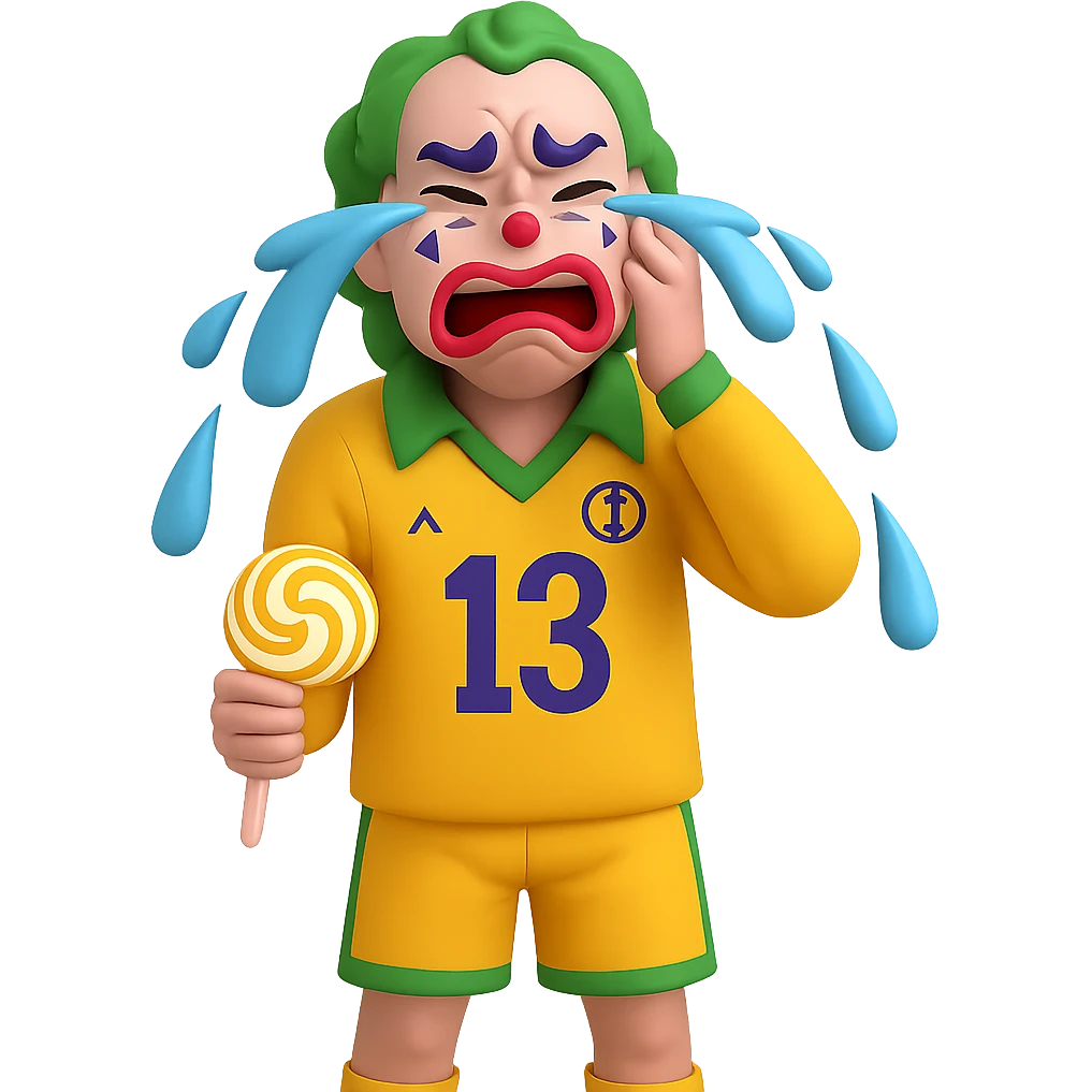 Make the ugly joker in the yellow jersey cry brutally out of envy, with exaggerated tears and a jealous, envious expression, still eating a lollipop, no background. Render in a style suitable for editing with transparent background. emoji