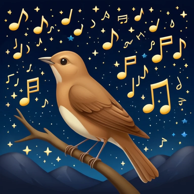 a nightingale bird singing with musical notes visible, flying against a dark starry night sky emoji