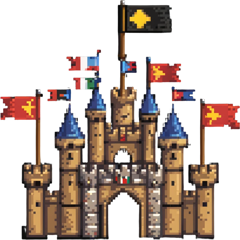 rustic wooden castle with flags emoji