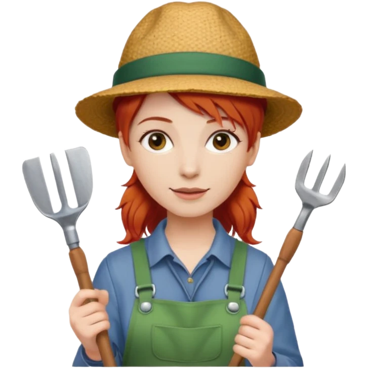 red hair gardener holding gardening tools, with hat emoji