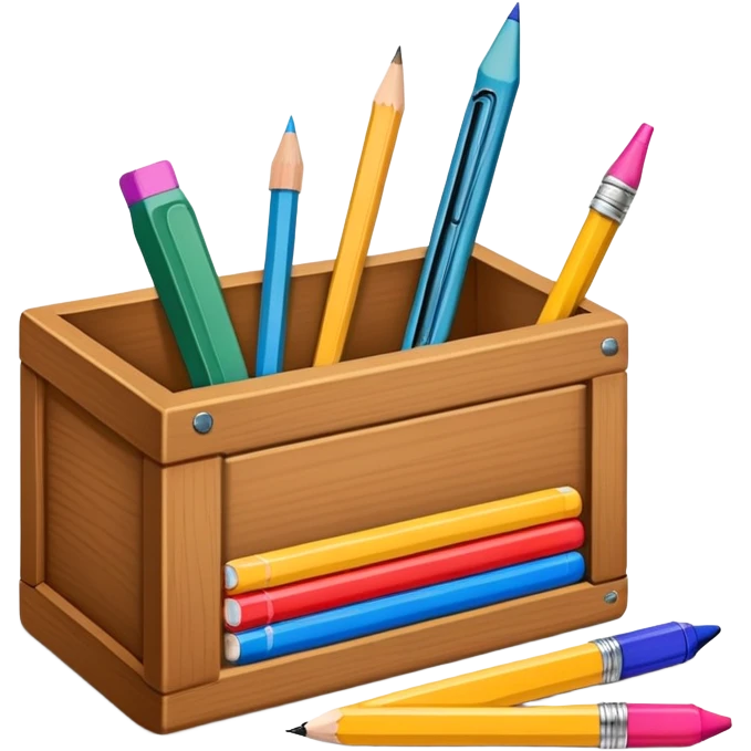 small box of teaching supplies with a pencil, ruler, and markers sticking out emoji