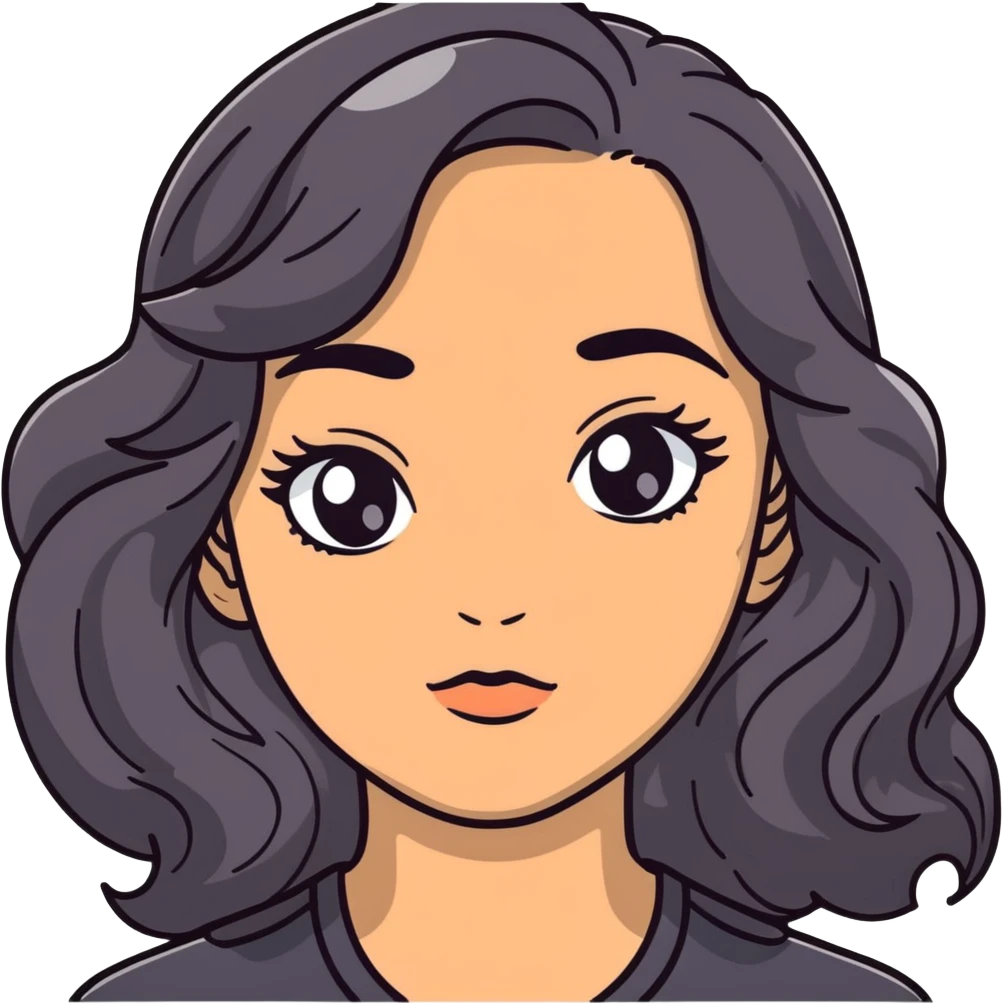 woman face with big grey eyes, medium skin tone, and black wavy hair emoji
