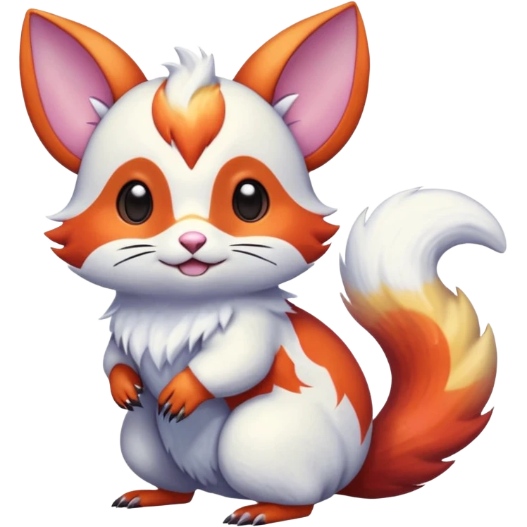  Shiny iridescent light warmly colored reddish-orange-gold-gradients vibrant colorful flourishing flurry fuzzy Absol-Minccino-Furret-Zangoose-Chinchilla-Stitch-fusion-animal-Fakémon-hybrid-creature  emoji