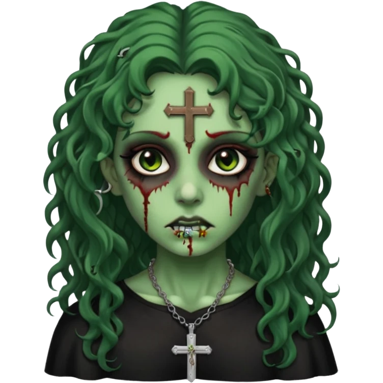 Zumbi verde com olhos castanhos aspecto de que tá sangrando, com cabelo castanho cacheado longo um piercing do lado esquerdo do nariz, roupa preta e crucifixo como colar, e também delineador  emoji