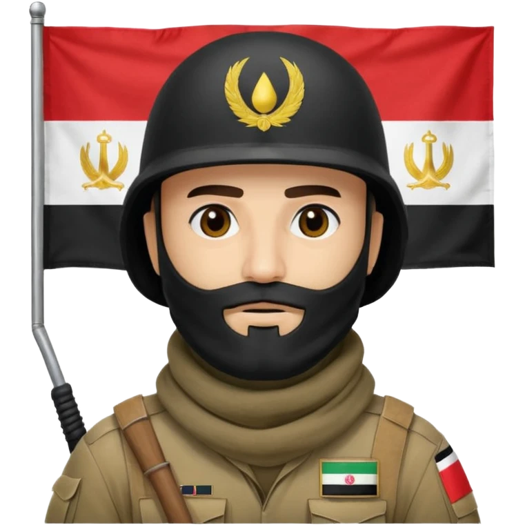 surrenders, depicts an Iraqi soldier from 1980, with a beard, in a helmet, a helmet with sign flag Iraq, with a balaclava, with sad eyes and both hands raised up emoji