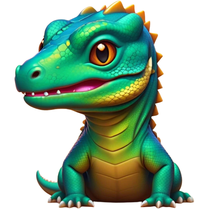Cinematic Cute Komodo Dragon Lizard Portrait Emoji, Head tilted playfully and inquisitively, with a sleek, scaled form accented by vibrant hues and curious, sparkling eyes, Simplified yet irresistibly adorable features, highly detailed, glowing with a warm, lively glow, high shine, affectionate and spirited, stylized with a touch of exotic charm, bright and endearing, soft glowing outline, capturing the essence of a mischievous yet captivating lizard that seems poised to scurry out of the screen into your heart! emoji