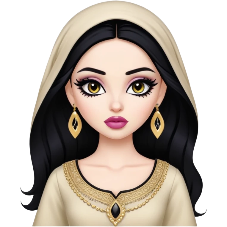 arabian, pretty lips, clothes, pale skin,  dark bl, pretty bratz baddie, black eyeliner emoji