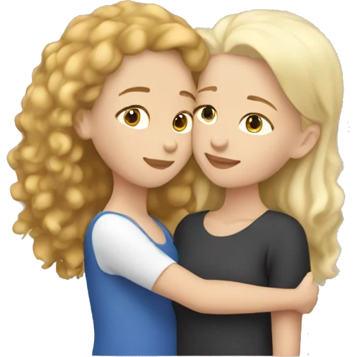 White skin adult girl with short straight blond hair hugging white skinned teenage girl with brown curly hair emoji