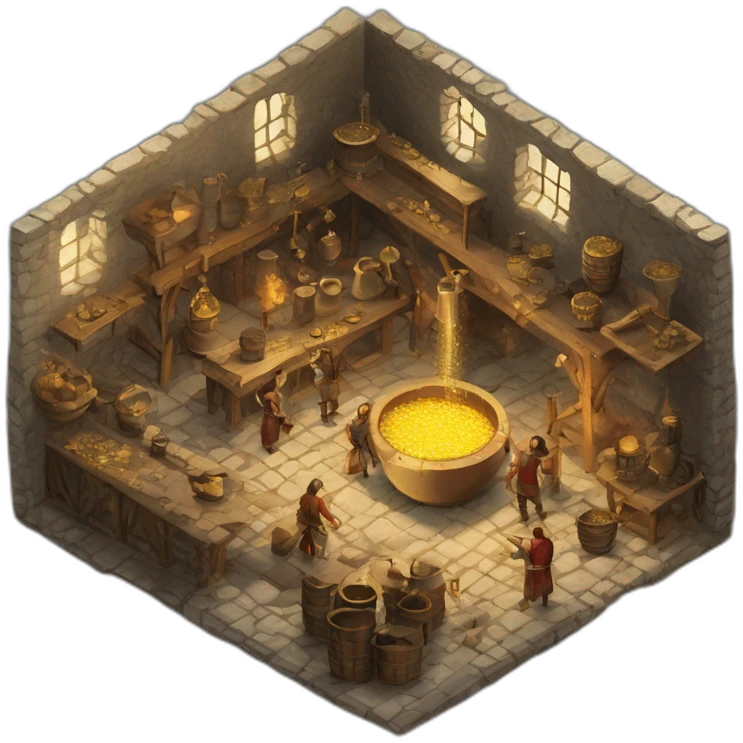 open floor plan of a medieval mint showing different people working, one person on the furnace, some people molding liquid gold into coins emoji