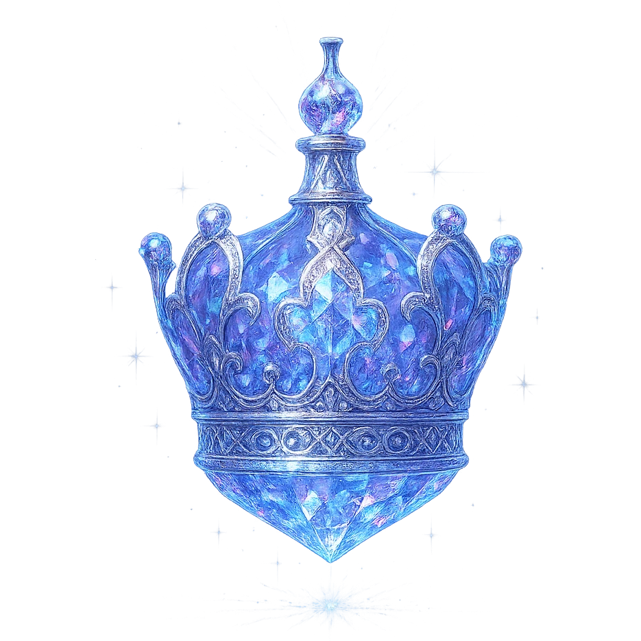 ultra luxurious crystal elixir bottle in crown shape, color #7986cb, multi-layered holographic and silver filigree, intricate crystal texture, magical glowing and sparkling effects, radiant light beams, very small neck, seamless ornate bottom, transparent background, bottle clearly floating in air, no base or shadow, not standing, modern, collection style, extremely beautiful and refined emoji