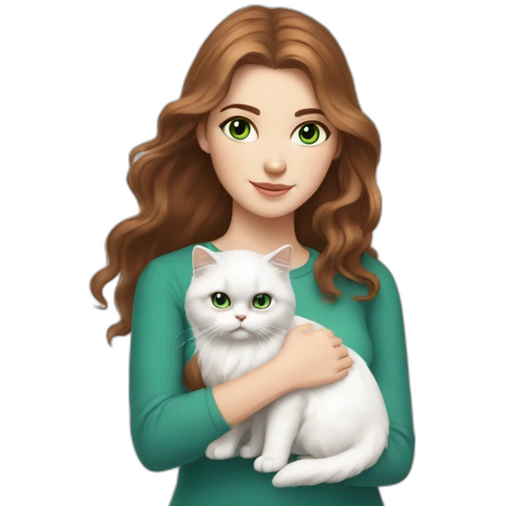 white girl with brown wawy hair and blue eyes, who hold a small white persian cat with green eyes emoji