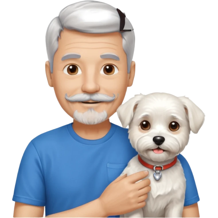 handsome gentleman, 60 years old, very short silver hair, beard, sideburns and moustache, wearing a blue t-shirt, smiling and holding a maltese dog emoji
