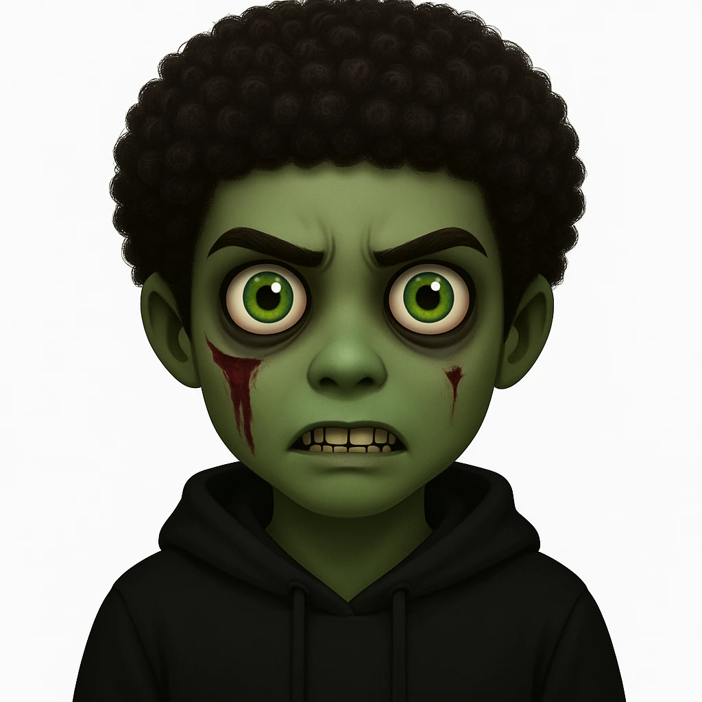 Change the hair to a Black hairstyle with tight curls or afro and add a black hoodie. Keep the boy zombie's green skin, emo vibe, and creepy expression. emoji