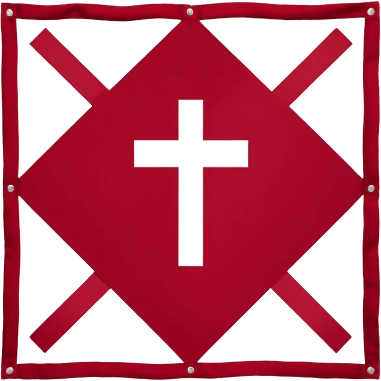 Bandera rectangular con fondo blanco liso. En el centro, una cruz de Borgoña en forma de aspa diagonal, hecha de dos ramas desgajadas con nudos y bordes irregulares. Color rojo oscuro intenso. Estilo plano y heráldico, sin sombras, sin texturas, sin texto ni elementos adicionales. emoji