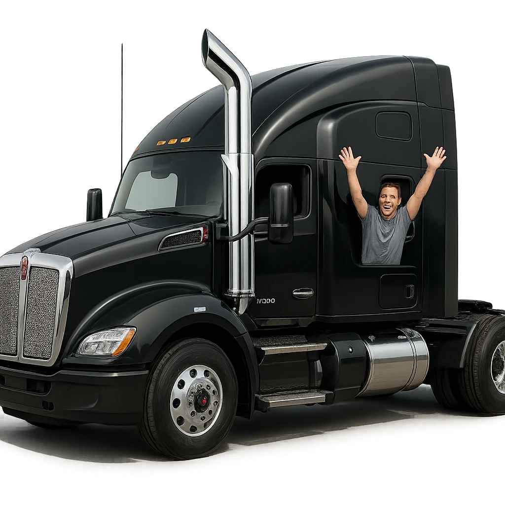 Add a chrome exhaust stack to the black Kenworth W680 sleeper semi truck. Keep the man hanging out the window with arms up. Realistic style with transparent background. emoji