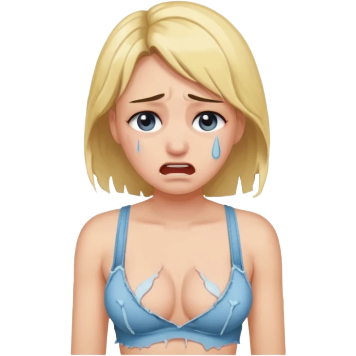 Mulher jovem chorando muito com as roupas rasgadas e sutiã aparente emoji