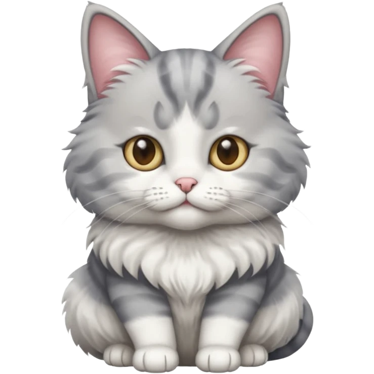a realistic looking very fluffy grey and white cat sitting up straight emoji