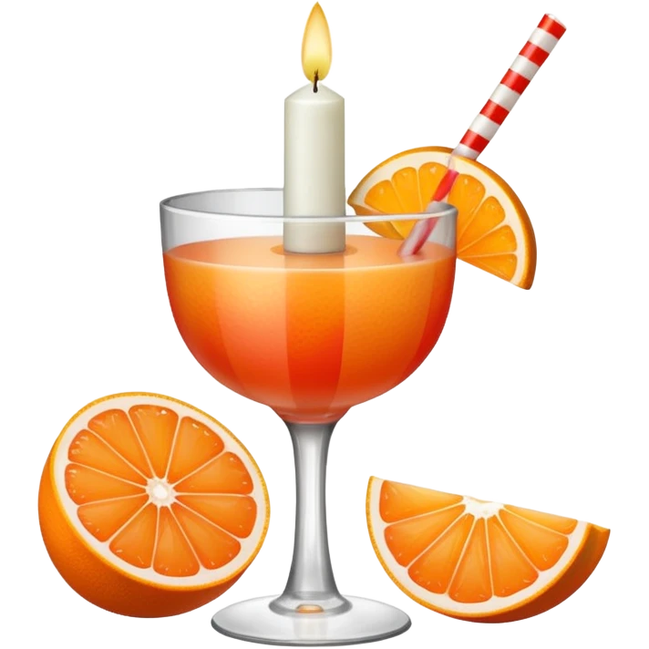 An orange grapefruit, with a horizontal red stripe around the middle. 4 vertical cocktail sticks in the orange with small pieces of candy on the sticks. On top of the orange a small white lit candle. emoji